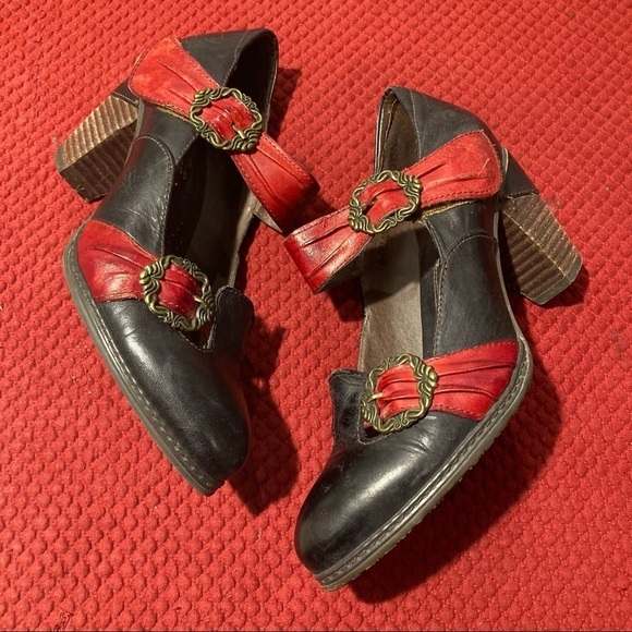 L’ARTISTE Sz 38 Spring Step Black  Red Accent Heeled Shoes Hook & Loop Closure - Picture 5 of 8